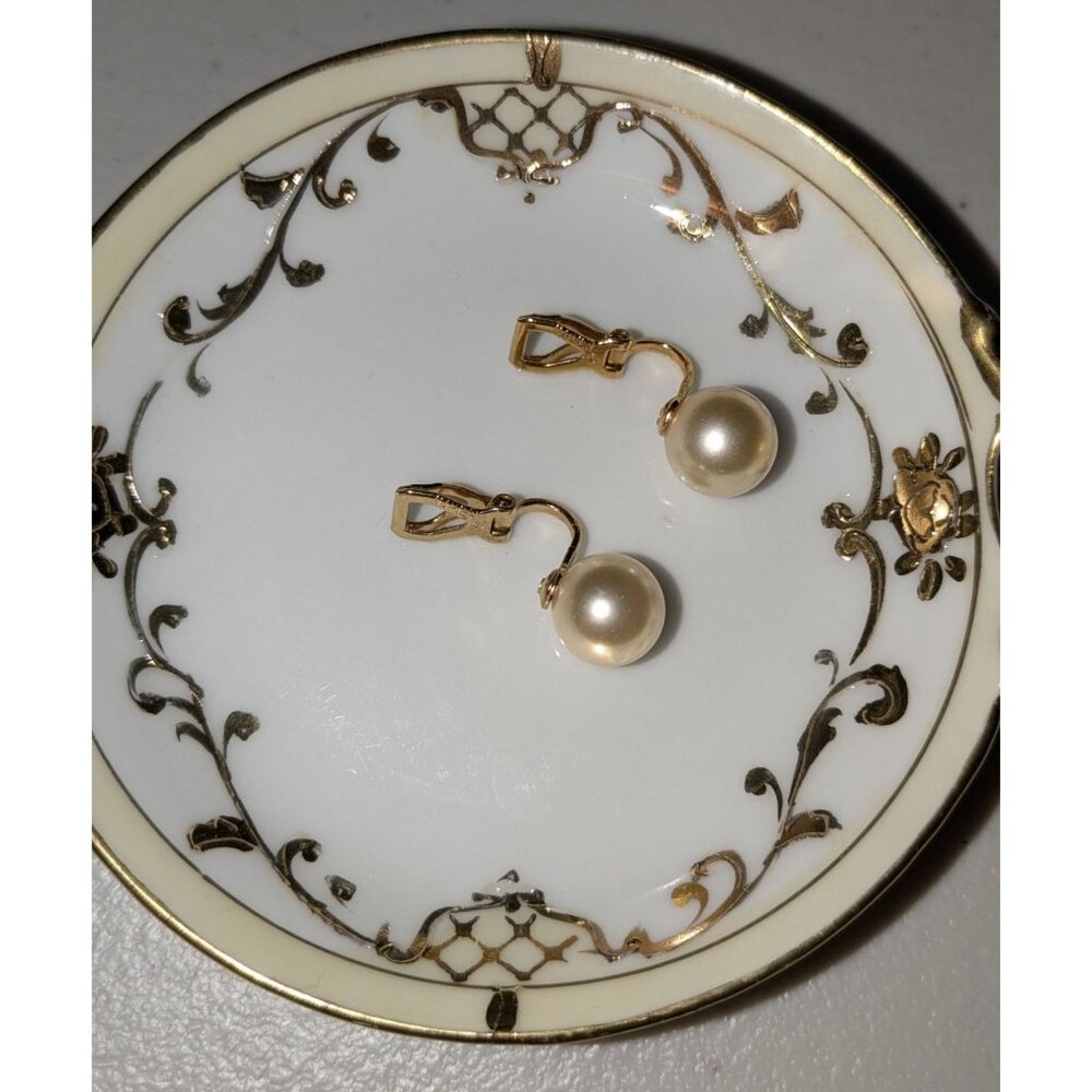 Napier Vintage Faux Pearl Clip-On Earrings Gold Tone - Picture 7 of 8